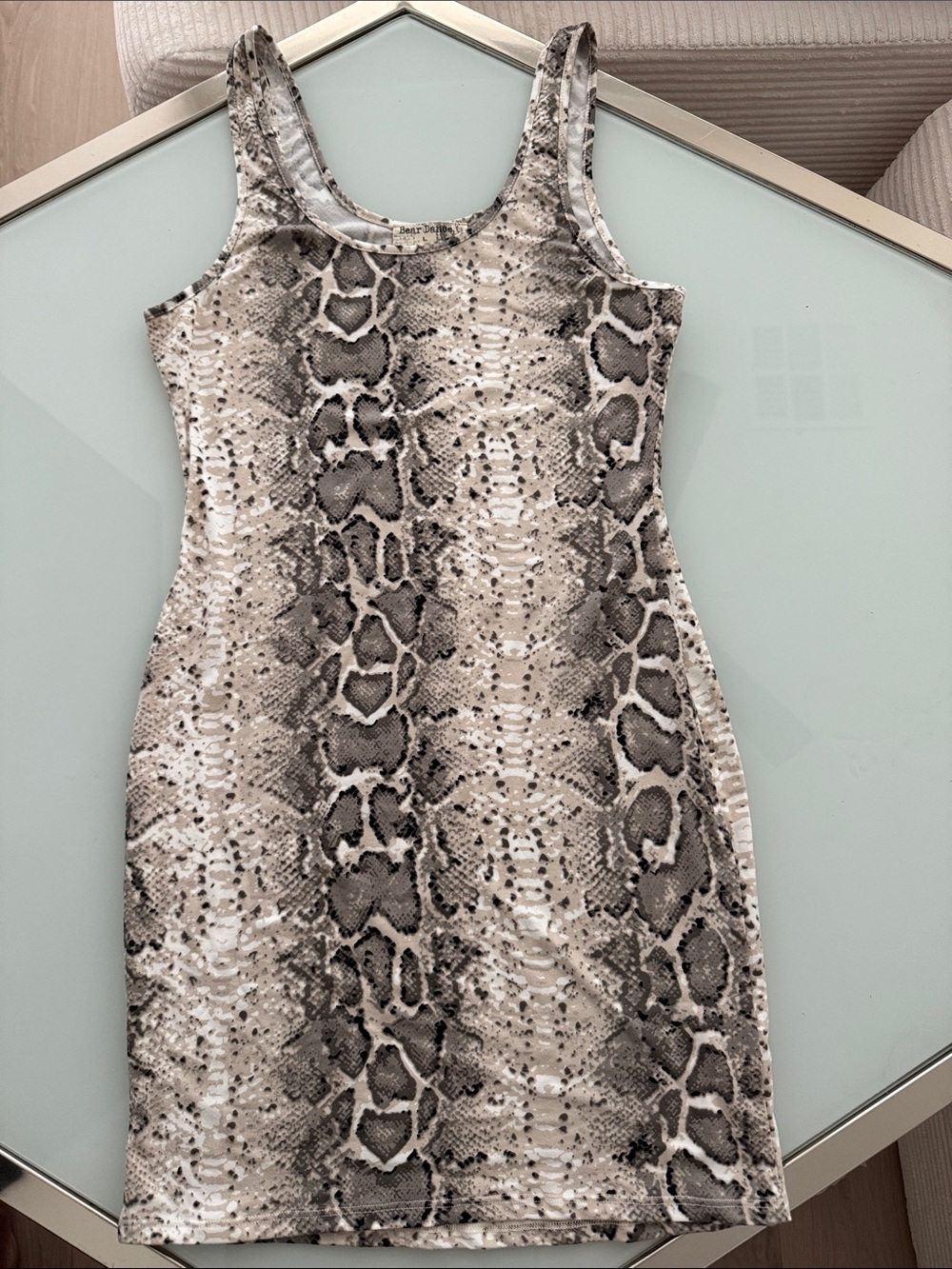 Sleeveless Snake Print Bodycon Dress in Beige and Gray
